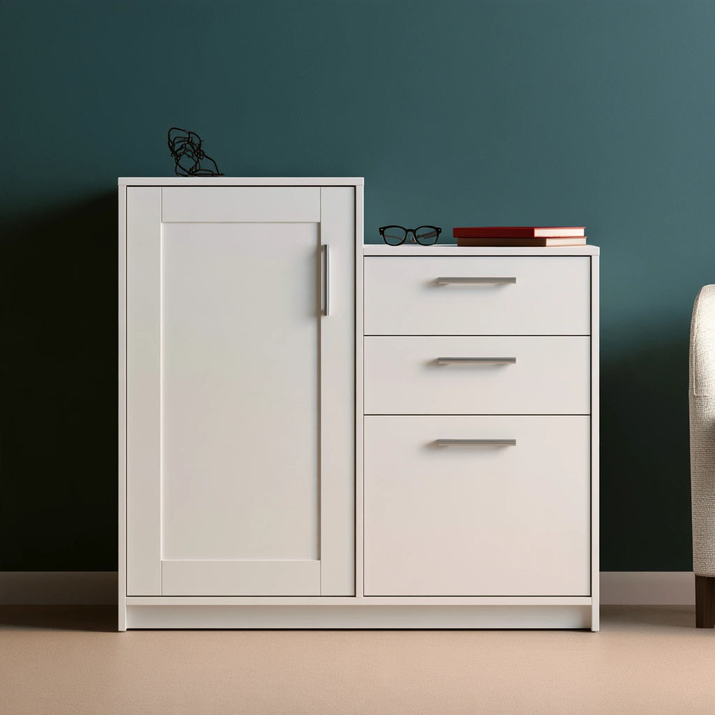 Meuble de rangement en bois, coloris blanc et beige clair