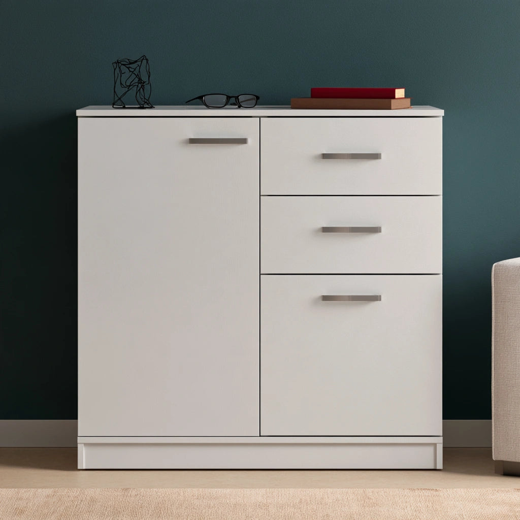 Meuble de rangement en bois blanc et beige clair, pour bureau ou espace de travail, sur un sol beige clair.