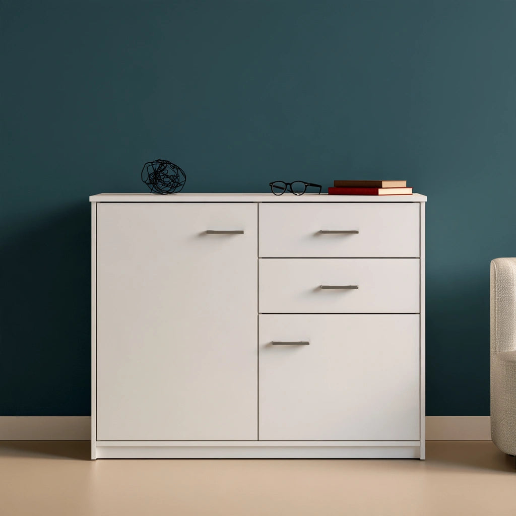 Meuble de rangement en bois, coloris blanc et beige clair