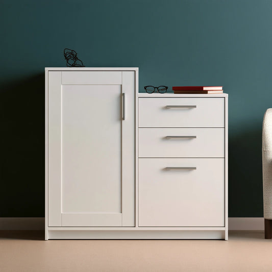 Meuble de rangement en bois, coloris blanc et beige clair