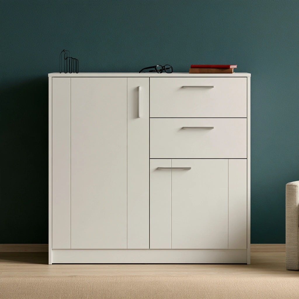 Meuble de rangement en bois, coloris blanc et beige clair