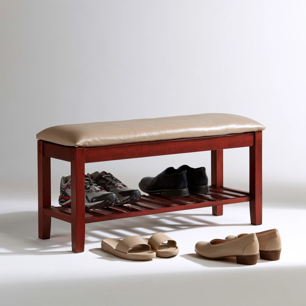 Banc à chaussures avec assise rembourrée en bois, coloris beige