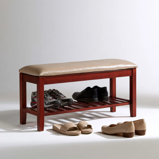 Banc à chaussures avec assise rembourrée en bois, coloris beige